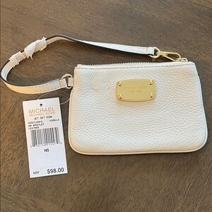 Michael Kors White Leather Wristlet with Gold Accents